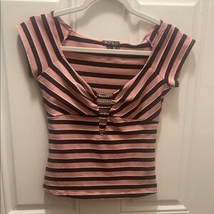 Vintage XOXO Fitted Cap Sleeve Cut Out rhinestone Blouse pink blk  stripe